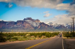 Roadway next to the beautiful superstition mountains in arizona
